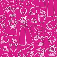 A contour-style pattern in the theme of Barbie outfits on a pink background. Outfits, hat, glasses, bag and other details of jewelry for a girl. Printing on textiles and paper. Packaging vector