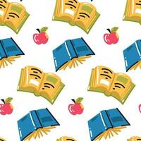 Vector seamless pattern of the concept of school education. Books and apples. Back to school. The texture of learning in cartoon style. It can be used as wrapping paper, fabric with textile prints