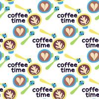 The pattern in the coffee time theme is a cute funny cartoon illustration with coffee cups with a spoon and foam patterns on a white background. Cartoon Illustration for Printing on textiles and paper vector