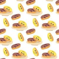 un modelo de rosquillas con un sonrisa en un blanco antecedentes. Mañana estado animico con rosquillas en un lámina. dulzura para té. sin costura antecedentes con dibujos animados gracioso pasteles impresión en textiles y papel vector