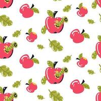 Seamless pattern with apples and worms in an apple and autumn leaves on a white background. Natural fruit design for autumn. The theme of the school is to gnaw the granite of science. Cartoon texture vector