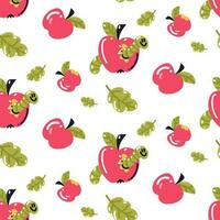 Seamless pattern with apples and worms in an apple and autumn leaves on a white background. Natural fruit design for autumn. The theme of the school is to gnaw the granite of science. Cartoon texture vector