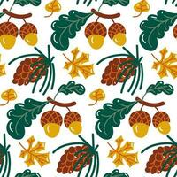A pattern of autumn cartoon acorns, cones and autumn foliage. Forest motif in retro style. October and September plants. November nature. Botanical elements. Vector seamless. Autumn packaging