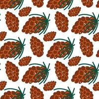 Pattern with Christmas tree branches with pine cones on a white background. Spruce, a design element made of spruce for the background, wallpaper, wrapper. Vector of the New Year holiday