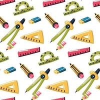 A pattern with cartoon school supplies for mathematics and geometry. We're going back to school. Eraser, compass, sharpener, pencil, ruler and other accessories on a white background. Science math vector