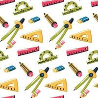 A pattern with cartoon school supplies for mathematics and geometry. We're going back to school. Eraser, compass, sharpener, pencil, ruler and other accessories on a white background. Science math vector