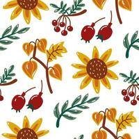 Vector pattern of autumn harvest elements. Physalis, rosehip, rowan, sunflower in cartoon style on a white background. Autumn background with fruits and berries. Packaging