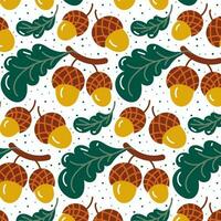 A pattern of autumn cartoon acorns and foliage. Forest motif in retro. The season of the forest oak. October and September plants. November nature. Botanical elements. Vector seamless background