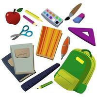 A set of educational school supplies backpack, pencils, brushes, paints, ruler, stickers, scissors, books. Simple stationery for children. Back to school. Flat illustration vector