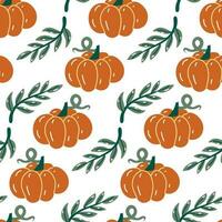 Seamless pattern of orange cartoon pumpkins with a green branch in retro style on a white background. Flat style. Vector illustration. Cute simple autumn packaging