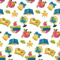 Funny seamless pattern with school supplies and creative elements. We're going back to school. Book, globe, autumn foliage, apple, worm, diary. School motives. Package Printing vector