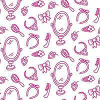 A pattern in a contoured style in the theme of barbie decoration on a white background. Mirror, comb, hoop, bow and other details of jewelry for a girl. Printing on the package vector