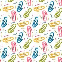 Seamless repeating cartoon pattern for school or office with colored paper clips on a white background. The theme of the school, the desktop. Printing for packaging. Textiles and paper vector