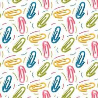 Seamless repeating cartoon pattern for school or office with colored paper clips on a white background. The theme of the school, the desktop. Printing for packaging. Textiles and paper vector