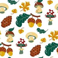 A pattern of autumn cartoon forest elements. Mushrooms, acorns, cones and autumn foliage. Forest motif in retro style. White mushroom, fly agaric, champignon. Vector autumn seamless. Packaging