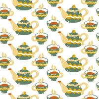 Pattern with cups and teapots. Cozy home autumn seamless background. Design of kitchen textiles, invitation cards, packaging. Cute, warm autumn vector illustration. Delicate shades