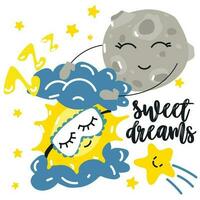 A postcard with the inscription sweet dreams and cartoon sun and moon, puts you to sleep in the clouds and against the background of the starry sky. Vector for design, banners, children's books