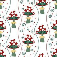 Seamless pattern with cartoon mushrooms with retro foliage. Mushroom background. Vector printing on fabric and wallpaper. Cute mushrooms on a white background. Fly Agarics, Amanita in abstraction