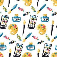 A pattern of paints, brushes, palettes, ink and a pen in a cartoon style. Creative theme. Back to school. Materials for creativity. Art school. Printing on textiles and paper for children vector