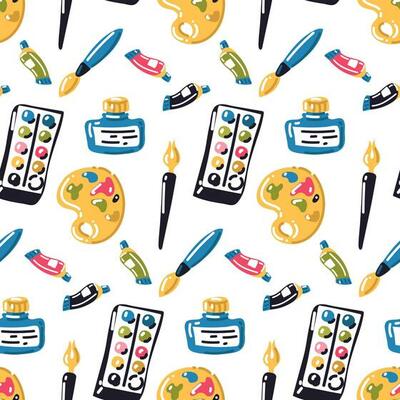 A pattern of paints, brushes, palettes, ink and a pen in a cartoon style. Creative theme. Back to school. Materials for creativity. Art school. Printing on textiles and paper for children