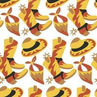 Seamless pattern with cowboy boots, hats, headband. Sheriff, thief, hunter, cowboy. The theme of the western. Cowboy objects on a white background. Vector graphics. Printing on textiles and paper.