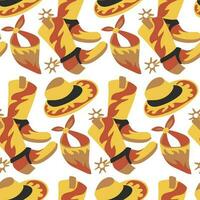 Seamless pattern with cowboy boots, hats, headband. Sheriff, thief, hunter, cowboy. The theme of the western. Cowboy objects on a white background. Vector graphics. Printing on textiles and paper.