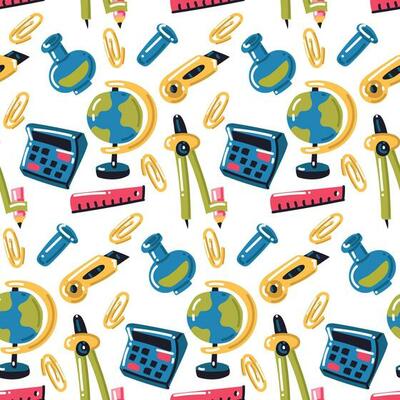Funny seamless pattern with school math supplies. We're going back to school. Calculator, globe, pencil, ruler, test tubes and other accessories are white School packaging, natural science mathematics