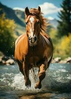 A wild horse running in the creek. Wild or farm animals concept by AI Generated photo