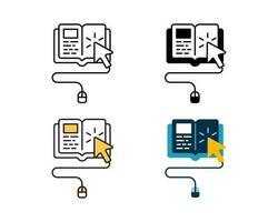 Online Learning icon with mouse and book vector design in 4 style line, glyph, duotone, and flat.