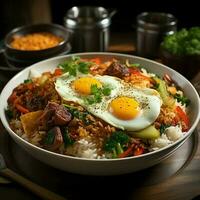 nasi goreng indonesio tradicional alimento. frito arroz pollo con huevos y picante especias por fritura concepto por ai generado foto