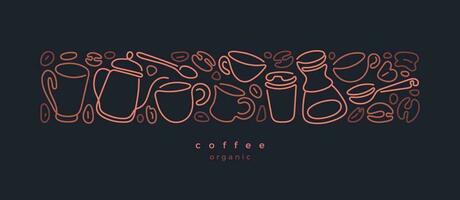 Coffee linear background. Abstract cup, pot, grain vector