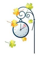 Switching clocks to winter time. Autumn landscape, the clock hand switches to winter time. Illustration in trendy flat style. Vector illustration