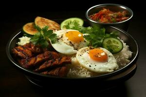 nasi goreng indonesio tradicional alimento. frito arroz pollo con huevos y picante especias por fritura concepto por ai generado foto