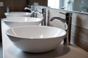Modern public bathroom with row of white ceramic wash sink basins and faucet with mirror in restroom concept by photo