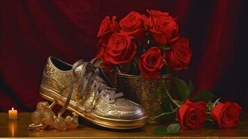 a pair of golden soccer shoes, which appear to be high-quality and well-crafted, sitting on top of a red rose bush. The red roses provide a contrasting background for the gold colored shoes photo