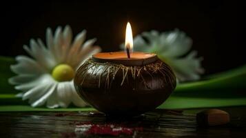 a tea light candle placed inside a brown wooden case photo