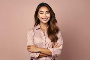 hermosa asiático mujer en casual con sonrisa alegre. estudio Disparo asiático mujer en pie mano gesto concepto por ai generado foto