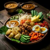 gado-gado indonesio tradicional alimento. mezcla desde hervido o vapor vegetal servido con maní salsa concepto por ai generado foto