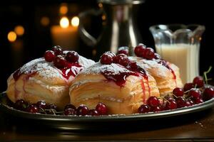 hecho en casa de delicioso Pastelería o panqueques con Fruta daneses y cereza. danés Pastelería y postre concepto por ai generado foto