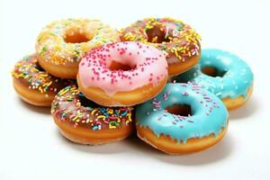 Colorful and tasty various donuts with colorful sprinkles sugar. Delicious dessert donuts background concept by AI Generated photo