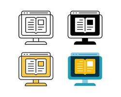 e-book icon on monitor vector design in 4 style line, glyph, duotone, and flat.