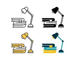 study lamp and books icon vector design in 4 style line, glyph, duotone, and flat.