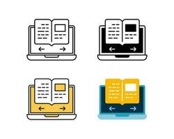 e-book icon on laptop vector design in 4 style line, glyph, duotone, and flat.