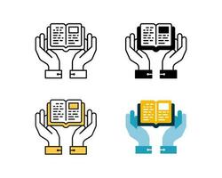 hands and book icon vector design in 4 style line, glyph, duotone, and flat.