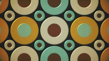 Trendy retro 1970s geometric pattern background with colorful blinking plastic effect circles in warm color tones. This stylish vintage motion background animation is 4K and a seamless loop. video