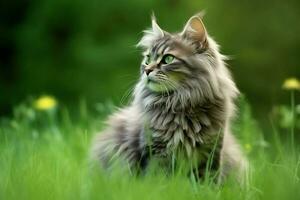 Cute cat look to the side and sitting in the garden or grass. Cat in nature habitat. Cat day concept by AI Generated photo
