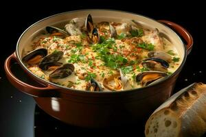 A delicious bouillabaisse soup food in a bowl. Marseille food and healthy protein soup meal concept by AI Generated photo