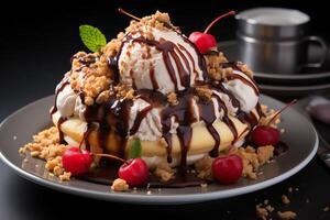 A delicious Banana split ice cream dessert with chocolate syrup. Banana split ice cream dessert by photo