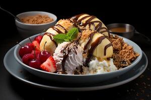 A delicious Banana split ice cream dessert with chocolate syrup. Banana split ice cream dessert by AI Generated photo