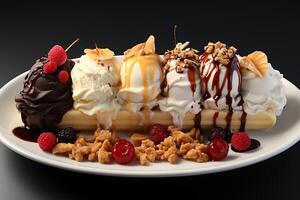 A delicious Banana split ice cream dessert with chocolate syrup. Banana split ice cream dessert by AI Generated photo